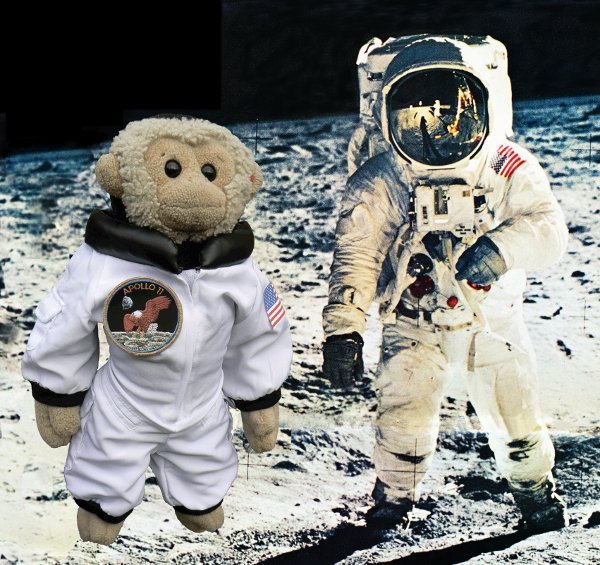 Mooch and Buzz Aldrin stand on the moon.