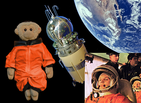 Mooch monkey celebrates the first manned spaceflight with Vostok 1 and cosmonaut Yuri Gagarin.