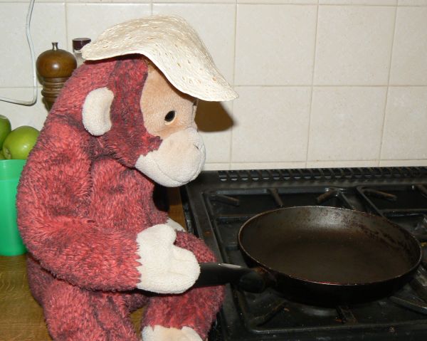 Big Mama Schweetheart, our orangutan matriach, ends up with a pancake on her head when she tries to toss the pancake!