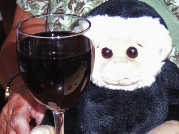A Mooch monkey with glass of wine.
