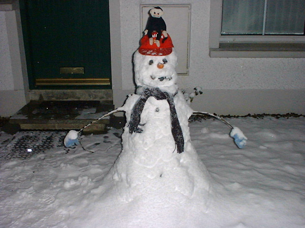 A Scottish Mooch sitting on a snowman