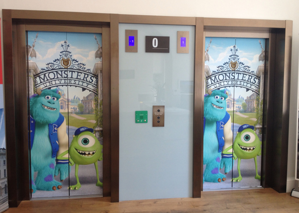 Monsters University lift doors at Kings College London