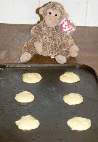 Bonsai puts the mixture onto the baking sheet.