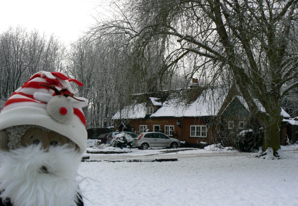 Mooch monkey in the snow outside the Elephant & Castle, Amwell, Wheathampstead, Hertfordshire.