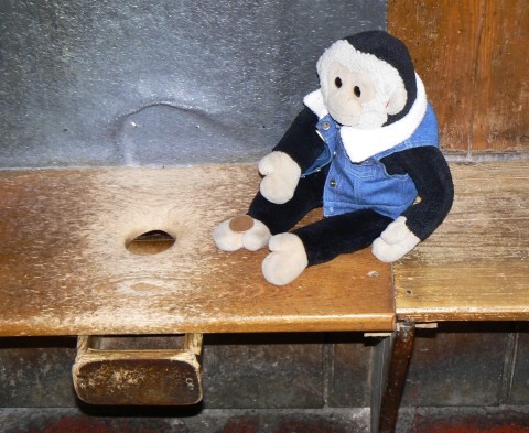 Mooch is shown the nurdling hole in the bench by the world champion
