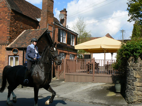 A horse passes by the Bull Inn.