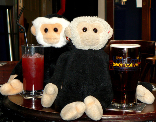 Mina and Mooch monkey with drinks in the Fat Cat.