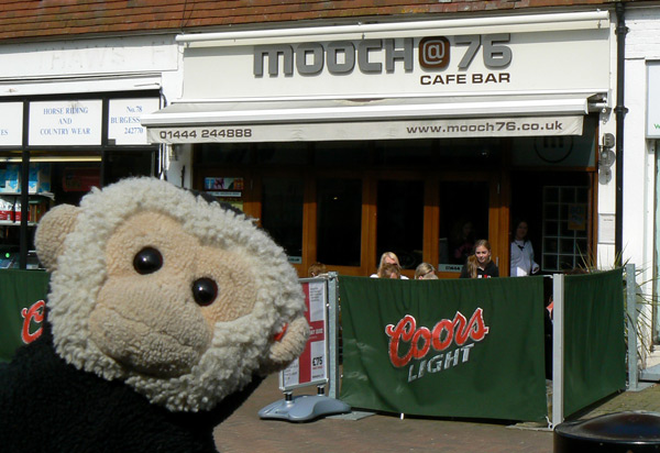 Mooch monkey outside the mooch@76 cafe bar, Burgess Hill, East Sussex.