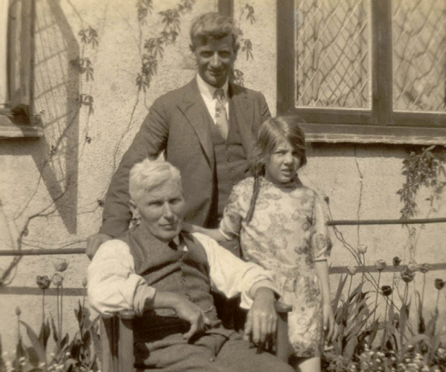 Fred Blackwell, Uncle Alf King and Joyce King in the garden at Warlingham, c1930.
