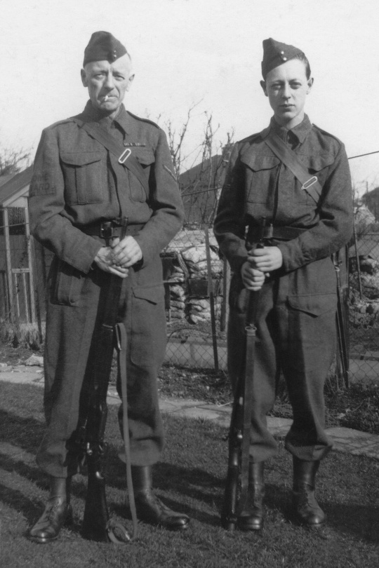 Bob's father and himself in Home Guard uniform. 1940.