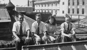 Dennis Carter, me, Rowena Bishop and Tom Watts. On the roof of 123 Queen Victoria Street, London, 1947.
