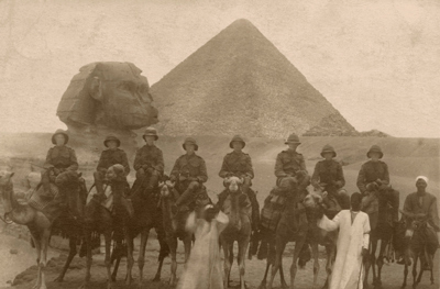 Lewis Jones riding a camel at the Pyramids during WW1.