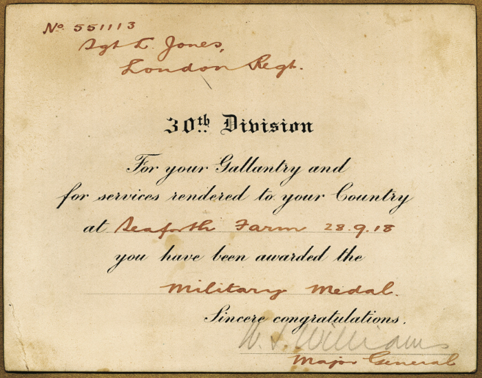 Lewis Jones' WW1 Military Medal citation card.