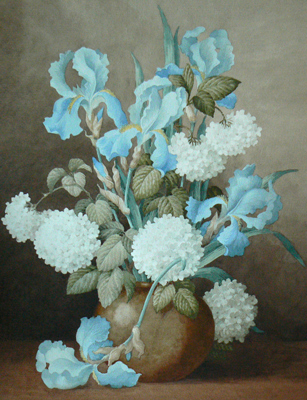 A painting of 'Irises and Vibirnum' by Lewis Jones, c1951.