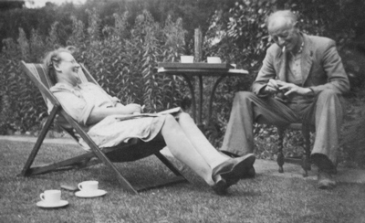 Annie and Lewis Jones in their garden at 74 Bushey Mill Crescent, c1950.