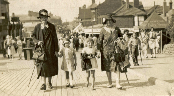 Gran Peach (Jan Patrick), Eileen Justice, Una and her Mum - walking up the Mablethorpe 'pullover' (c1929).