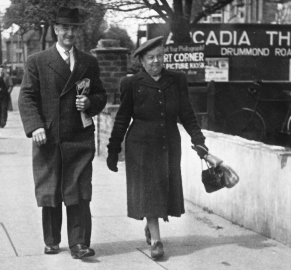 Una's parents George and Elsie Briggs, pictured outside the Arcadia Theatre, Skegness. April 1946.