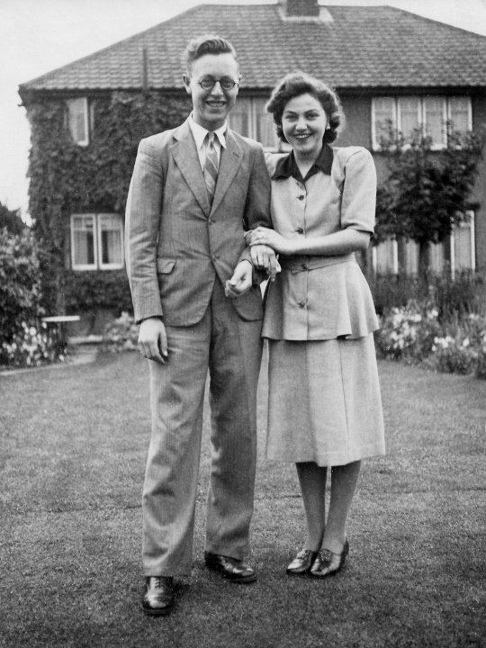 Bob and Una in the garden of 74 Bushey Mill Crescent, Watford. 1946.