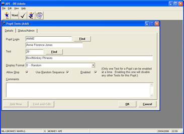 APE Admin - Defining a test for a pupil.