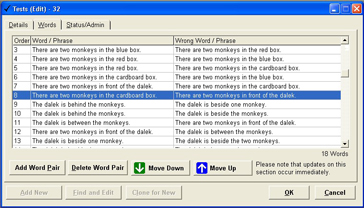 APE Admin - screen to define the words and phrases for a particular test.