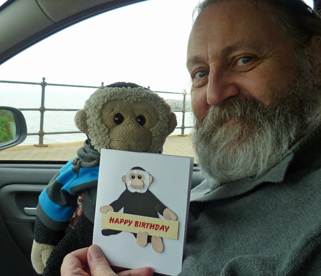 Mooch monkey with his birthday card for 2011.