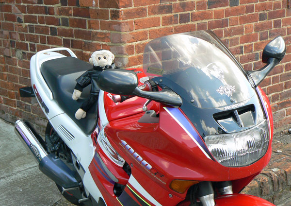 Mooch in his leather jacket sits on red motorbike