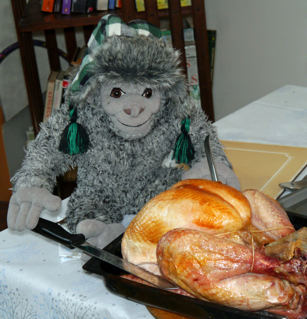 Yeti with a Christmas turkey.