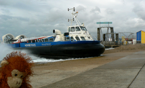 A Hovertravel hovercraft from the Isle of Wight arrives on Portsmouth beach