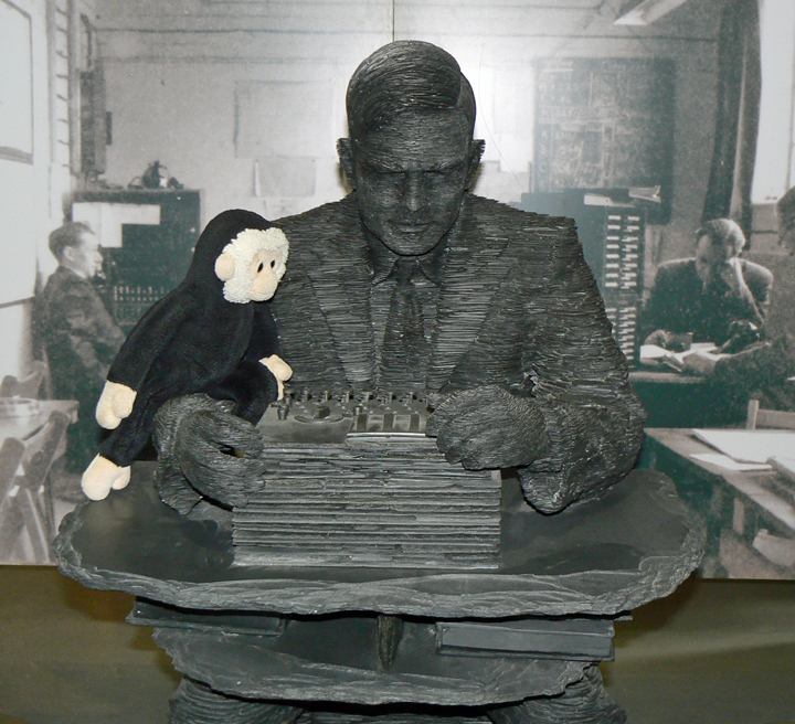 Mooch monkey sits on the statue of Alan Turing working an Enigma.