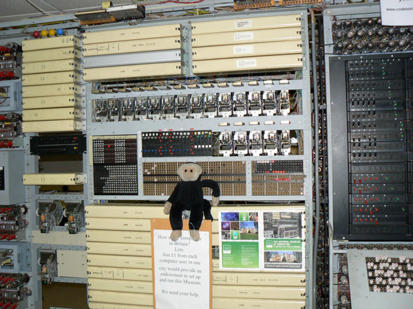 Mooch monkey sits on the rebuilt Colossus computer at Bletchley Park.