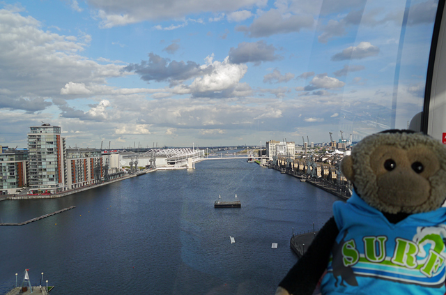 Mooch monkey uses the TfL Emirates Air Line cable car - Royal Victoria Dock