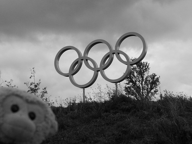 Mooch monkey at Year of the Bus London 2014 - Olympic Rings