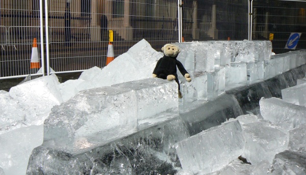 Mooch monkey on the fallen Ice Wall, German Embassy in London 2009.