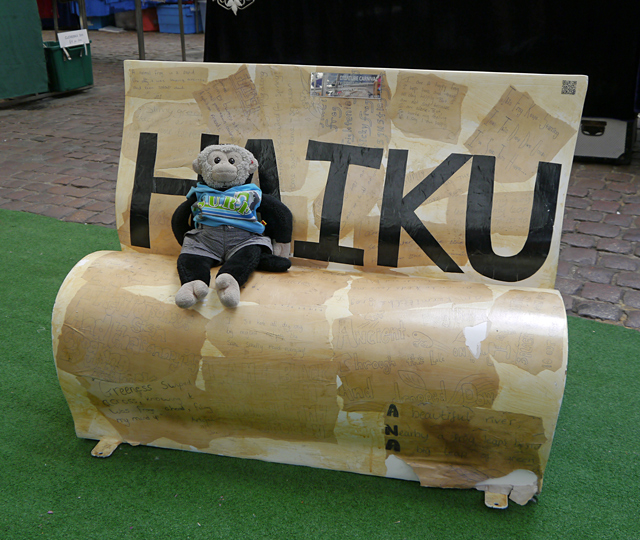 Mooch monkey at Books About Town in London 2014 - Corelli Creature Carnival - Haiku bench