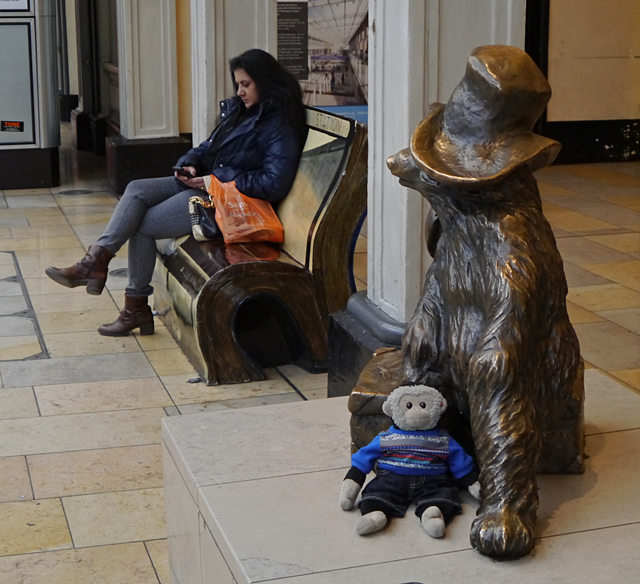 Paddington Bear statue and book bench - Mooch monkey at Paddington Station