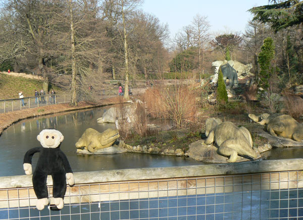 Mooch monkey meets some dinosaurs in Crystal Palace Park.