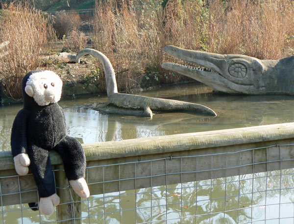 Mooch monkey meets some dinosaurs in Crystal Palace Park.