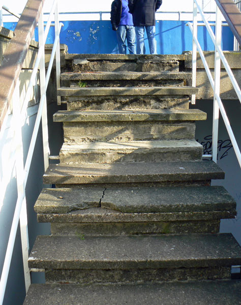 Broken steps at the National Sports Centre in Crystal Palace Park.