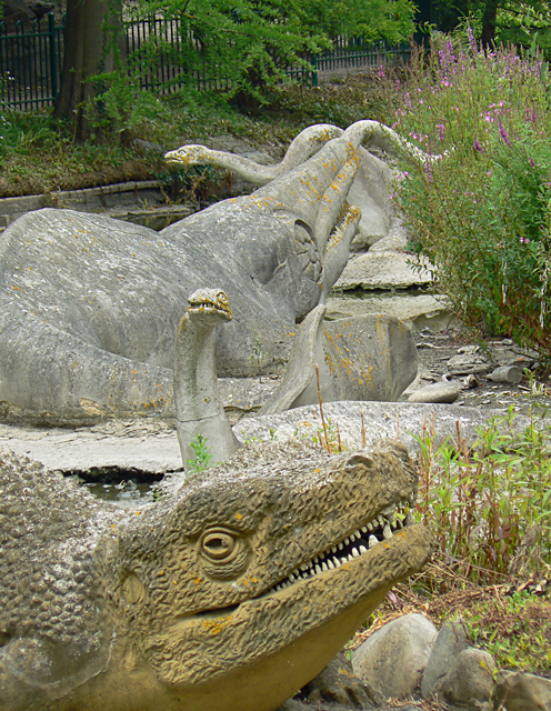 Mooch monkey meets some dinosaurs in Crystal Palace Park.