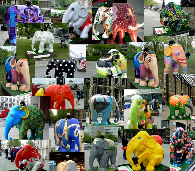 Some of the elephants that Mooch monkey has found at the Elephant Parade London 2010