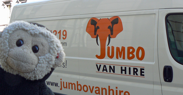 London Elephant Parade - Mooch monkey with a Jumbo Van Hire truck.