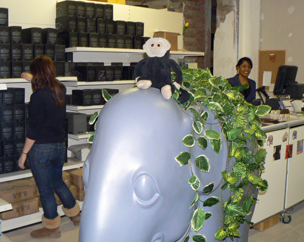 London Elephant Parade - Mooch monkey sits on an elephant in the Elephant Parade Shop