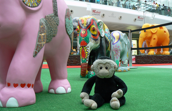 London Elephant Parade - Mooch monkey with the mini-elephants at Westfield