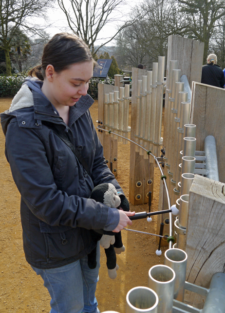 Mooch monkey and Annie in the Sound Garden at the Horniman Museum