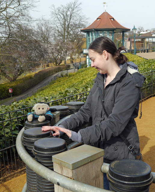 Mooch monkey and Annie in the Sound Garden at the Horniman Museum