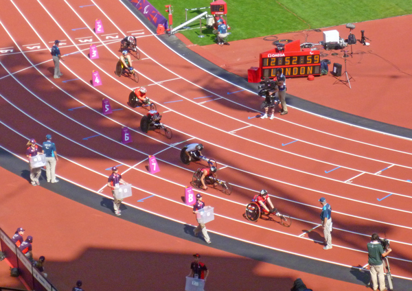 Start of a wheelchair race at the Paralympics.