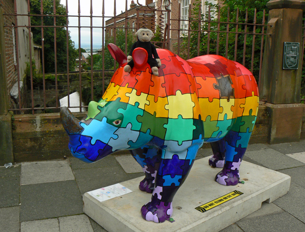 Mooch monkey at the Chester Rhino Mania - 014 Puzzled Rainbow Rhino