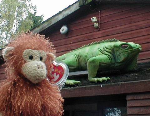 A large reptile model on a roof