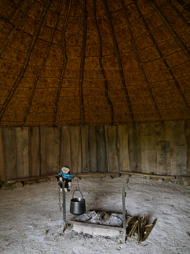 Mooch monkey at Butser Ancient Farm - inside an Iron Age building