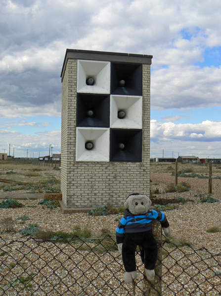 Mooch monkey in front of foghorns on the Dungeness beach.